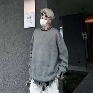 美式小众流苏破洞假两件毛衣男秋冬款宽松痞帅拼接套头针织衫7360图片