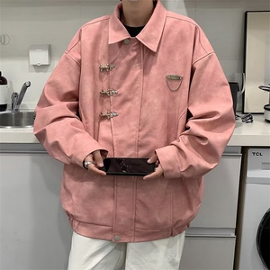 美式复古飞机扣PU皮外套男女春秋宽松休闲夹克JK21-P93图片