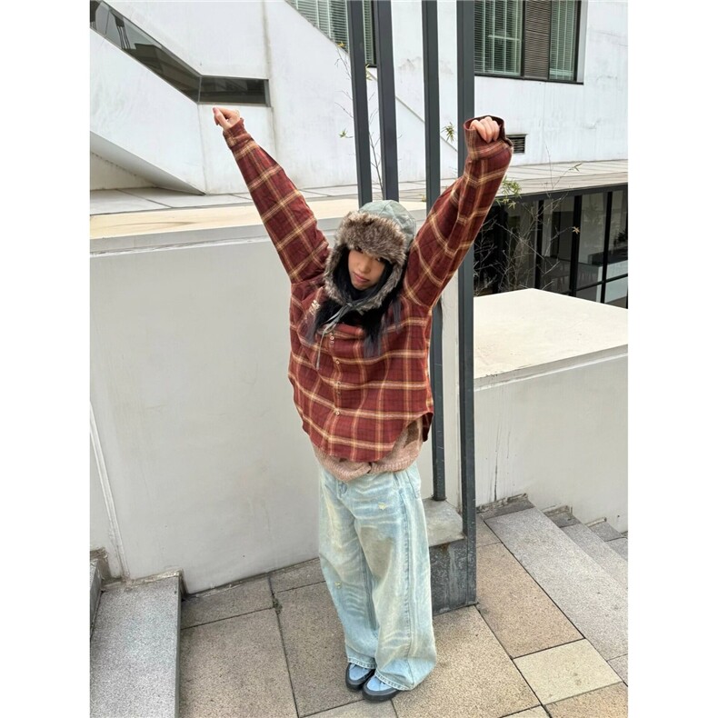 6001-P452025新款春秋季格子外套衬衫男长袖日系复古潮牌痞帅,男装衬衫,电商B323A