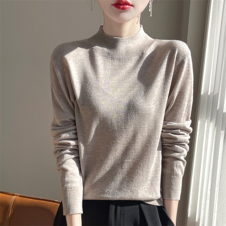软糯百搭半高领针织打底衫女2025新款精纺细毛薄长袖内搭套头毛衣，女装羊毛衫，总能电商供货