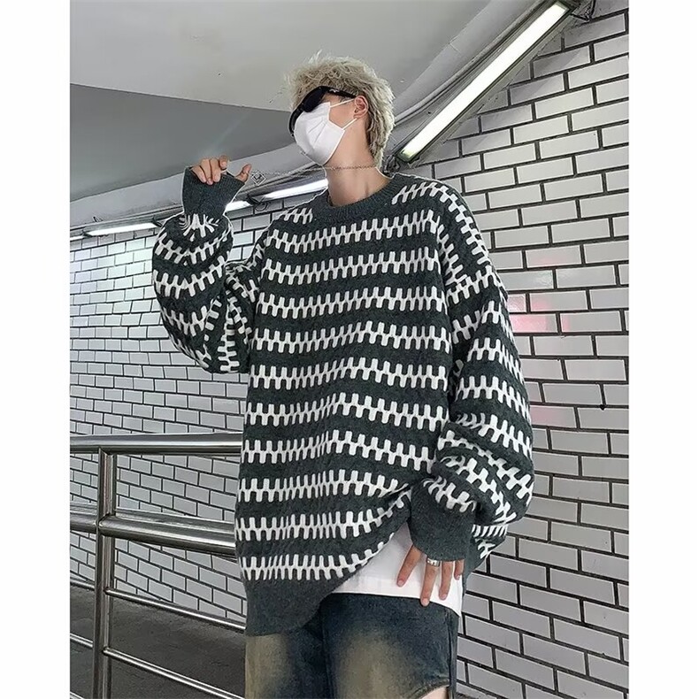港风条纹毛衣男年秋冬季潮牌复古学生休闲百搭圆领针织衫7029-P45,男装针织衫/毛衣,星座1109-3