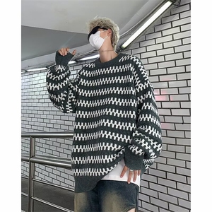 港风条纹毛衣男年秋冬季潮牌复古学生休闲百搭圆领针织衫7029-P45图片