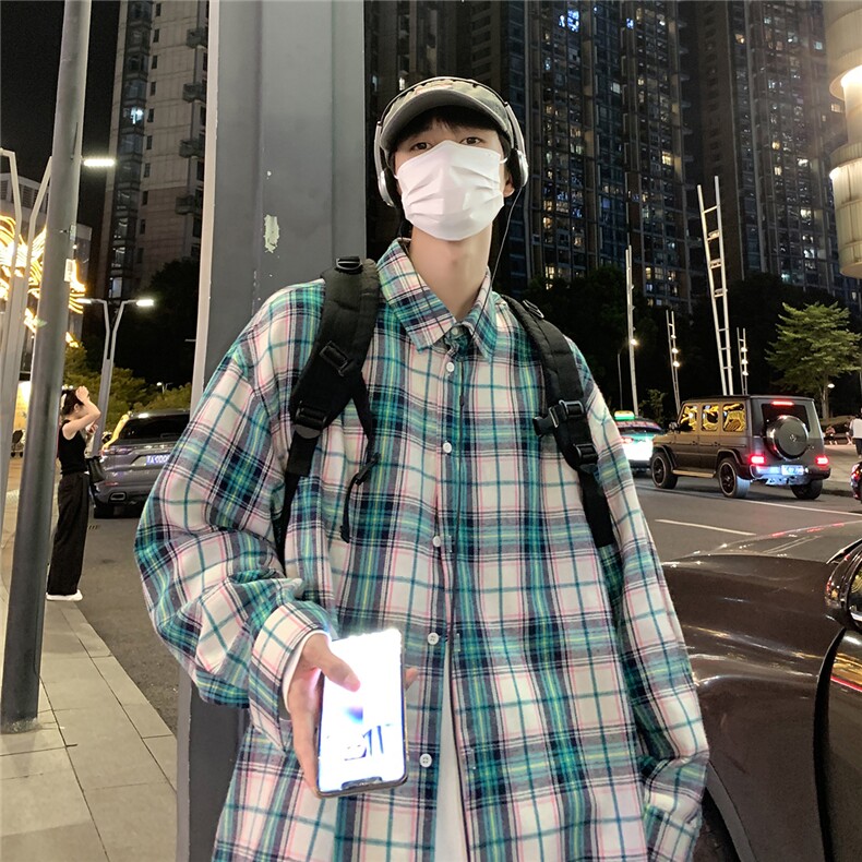 港风夜景小方格长袖翻领衬衫A247-S80P38控55,男装衬衫,电商A247