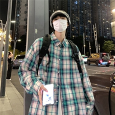 港风夜景小方格长袖翻领衬衫A247-S80P38控55，男装衬衫，电商A247