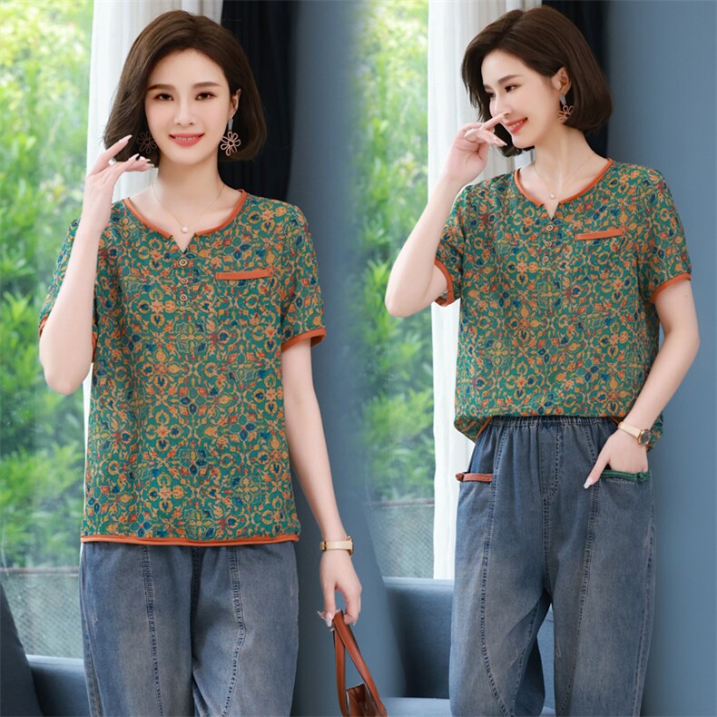 2025年夏季新款碎花圆领撞色上衣雪纺衫，女装蕾丝衫/雪纺衫，简韵佳