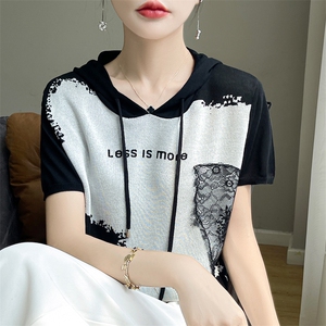 夏季100%纯天丝针织短袖帽衫女拼色抽绳连帽半袖T恤宽松打底上衣图片
