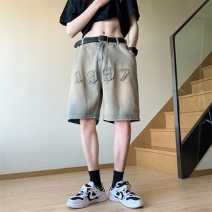 美式复古刺绣牛仔短裤男夏季潮ins高街宽松直筒五分裤NW2106-P38图片