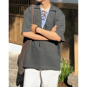 百搭流行拼接系带V领假两件短袖POLO衫男夏季翻领T恤上衣-T3300图片