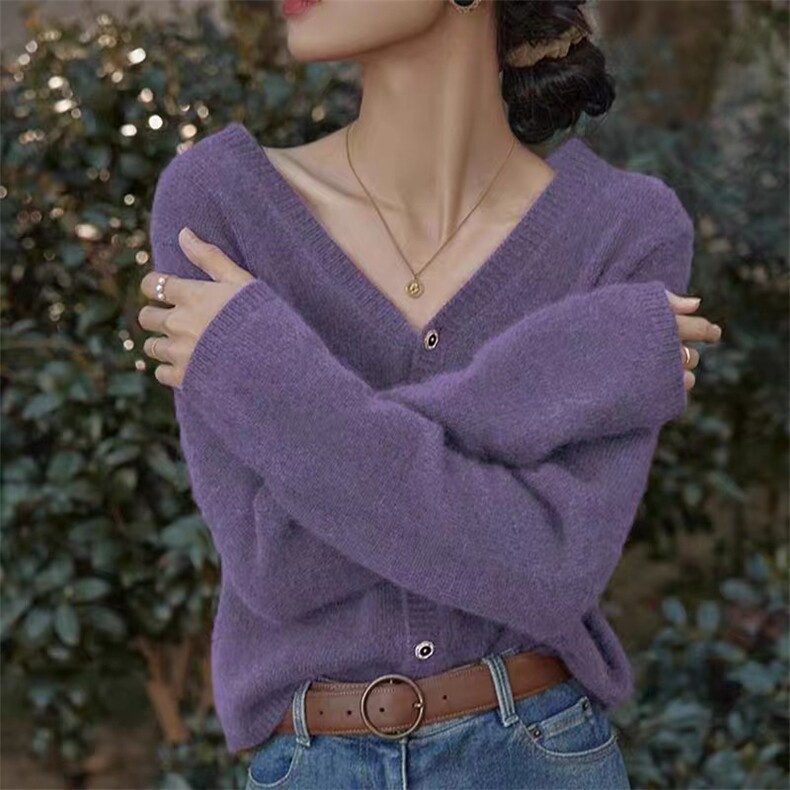 时尚百搭加厚羊毛开衫女V领宽松显瘦长袖针织衫外套秋冬新款,女装羊毛衫,泰沅羊绒