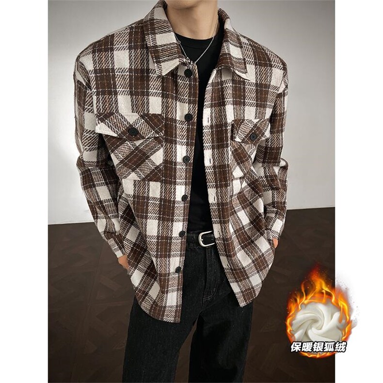 加厚保暖银狐绒潮流毛呢格子衬衫重磅480g男J5283J加绒-特P48控98，男装衬衫，电商A001