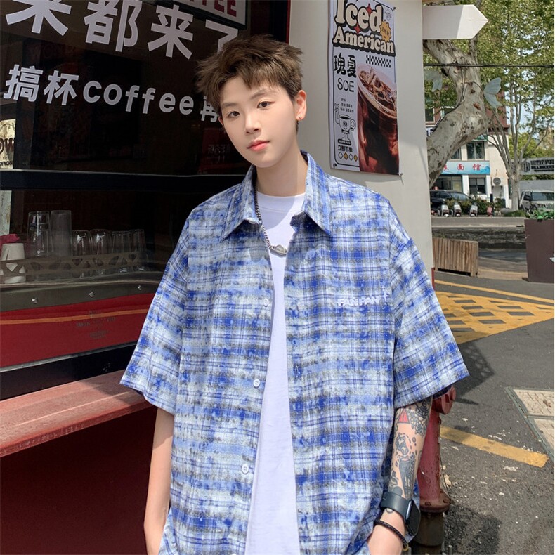 2026夏美式扎染刺绣格子短袖衬衫衬衣五分袖 CS1806/特P28 蓝色图片