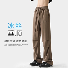 特P35无差价2024夏季衔接设计感褶皱冰丝大码西裤休闲拖地裤K1141，男装休闲裤，电商A082