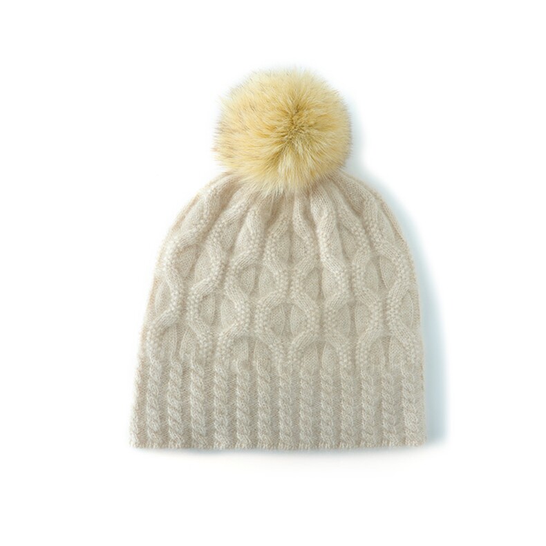 出口订单秋冬纯山羊绒针织帽子女加厚绞花狐狸毛球护耳毛线帽时尚，帽子，轩妮羊绒