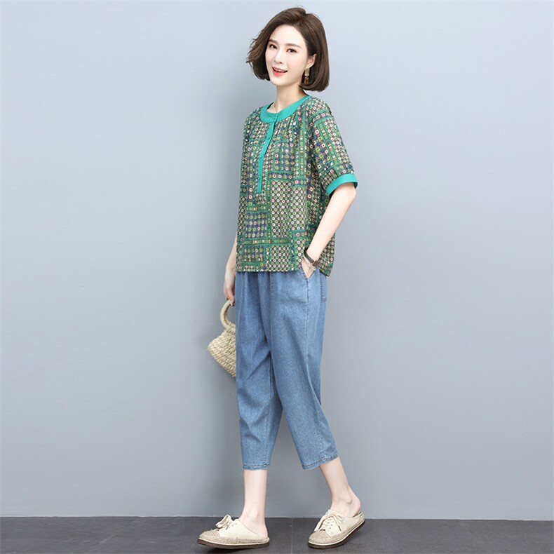 女士棉麻套装2025夏季新款中妈妈时尚休闲夏装显瘦亚麻t恤两件套,女装套装/套裙,依恋蒂丝