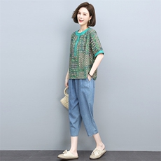 女士棉麻套装2025夏季新款中妈妈时尚休闲夏装显瘦亚麻t恤两件套，女装套装/套裙，依恋蒂丝