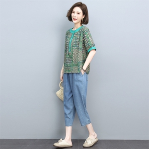 女士棉麻套装2025夏季新款中妈妈时尚休闲夏装显瘦亚麻t恤两件套图片