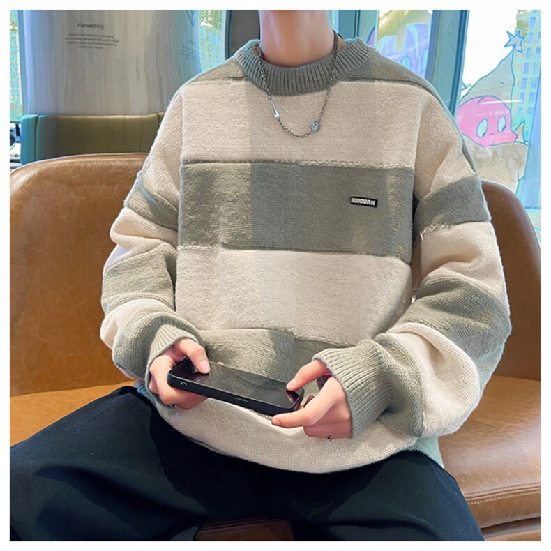 B143-P452024新款冬季圆领针织衫外套男套头慵懒条纹拼接毛衣,男装针织衫/毛衣,星座512-6