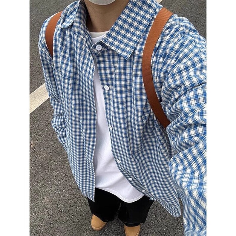 日系复古蓝白格子衬衫男女夏季cleanfit叠穿长袖衬衣防晒外套C16,男装衬衫,星座1116A（原606A-3）
