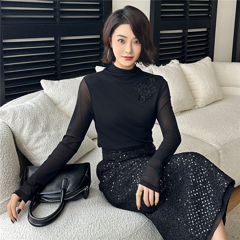2025秋冬新款百搭中领手工钉花网纱打底衫长袖上衣小衫,女装蕾丝衫/雪纺衫,2C091