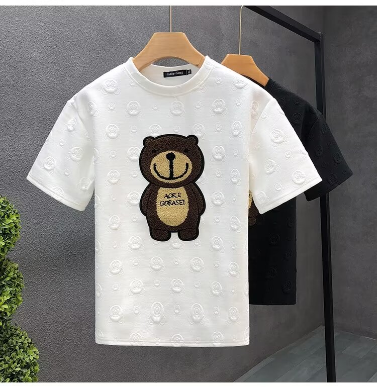 毛巾刺绣潮牌t恤男士短袖夏季新款肌理感卡通情侣半袖青少年穿搭图片