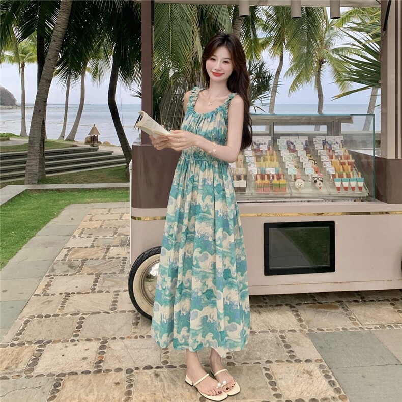 甜美度假风收腰拼接木耳边印花吊带连衣裙女夏2025新绝美长裙及踝,女装连衣裙,浙宝210（原浙宝191）