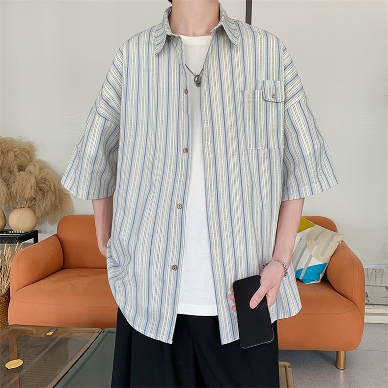 衬衫男短袖日系条纹痞子帅气2023夏季文艺ins宽松外套CY308-P31,男装衬衫,星座412-3