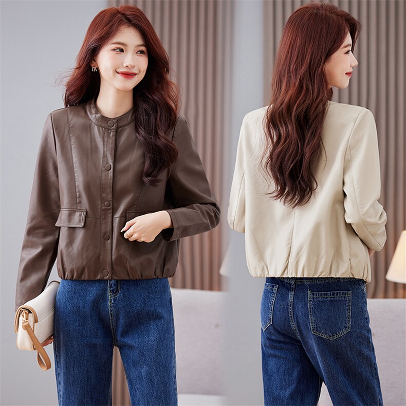 立领皮衣外套女短款夹克休闲韩版修身显瘦2023秋季新款，女装皮衣，江南女神