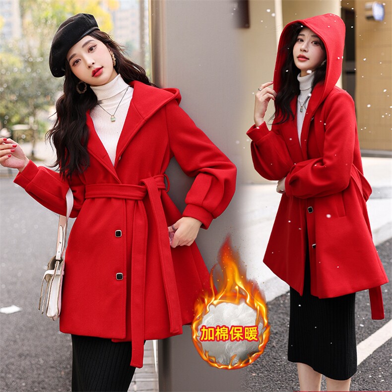 现货主推连帽高级简约时尚减零斗篷小个子加棉保暖外套送腰带，女装毛呢外套，韩美纤衣