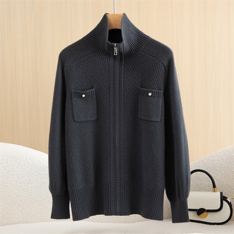 拉链开衫2024年秋季长袖立领纯色简约气质羊绒衫，女装羊绒衫，恒爱羊绒