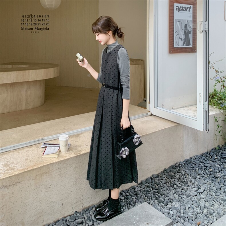 【】灰色毛呢波点背心裙打底衫套装#8615-P155-K228,女装套装/套裙,2C111