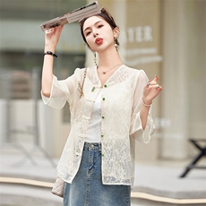 韩版汉服2024年春夏新款新中式蕾丝轻薄上衣衬衣宽松防晒高级感潮，女装防晒衣，难舍钰依