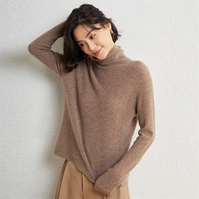 秋冬季35%羊绒休闲简约时尚百搭全无缝正反针堆领羊绒衫,女装羊绒衫,朝思羊绒