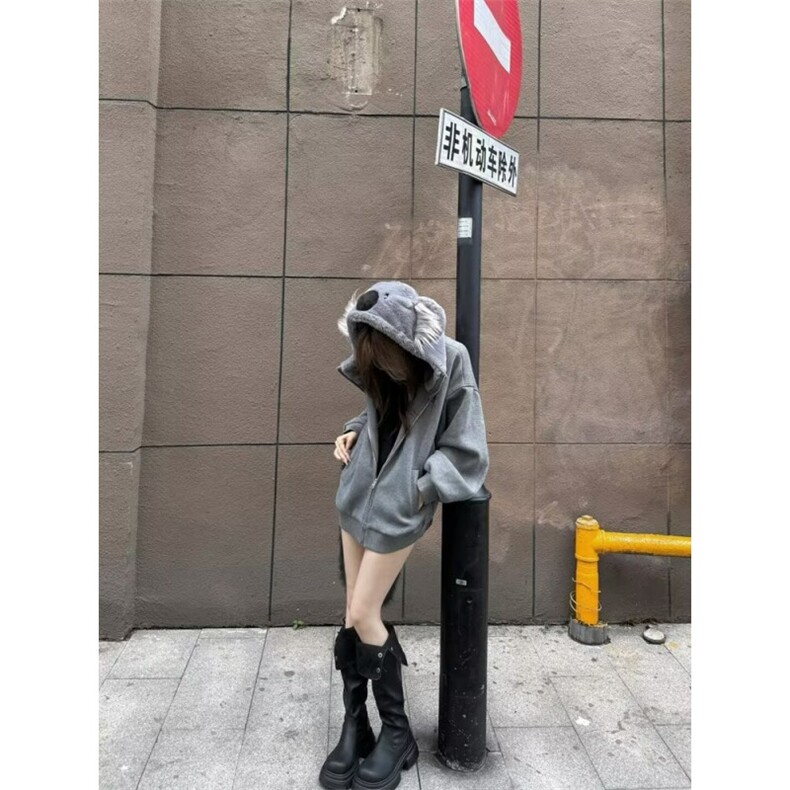 W10758-P85网图现货休闲外套美式高街运动开衫考拉连帽重磅卫衣,女装短外套,星座1608