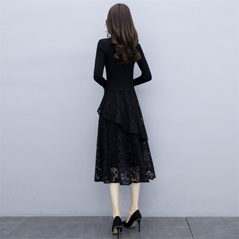 2025春季配大衣打底显瘦针织连衣裙女假两件黑色蕾丝内搭长袖裙子，女装连衣裙，安之芮娜