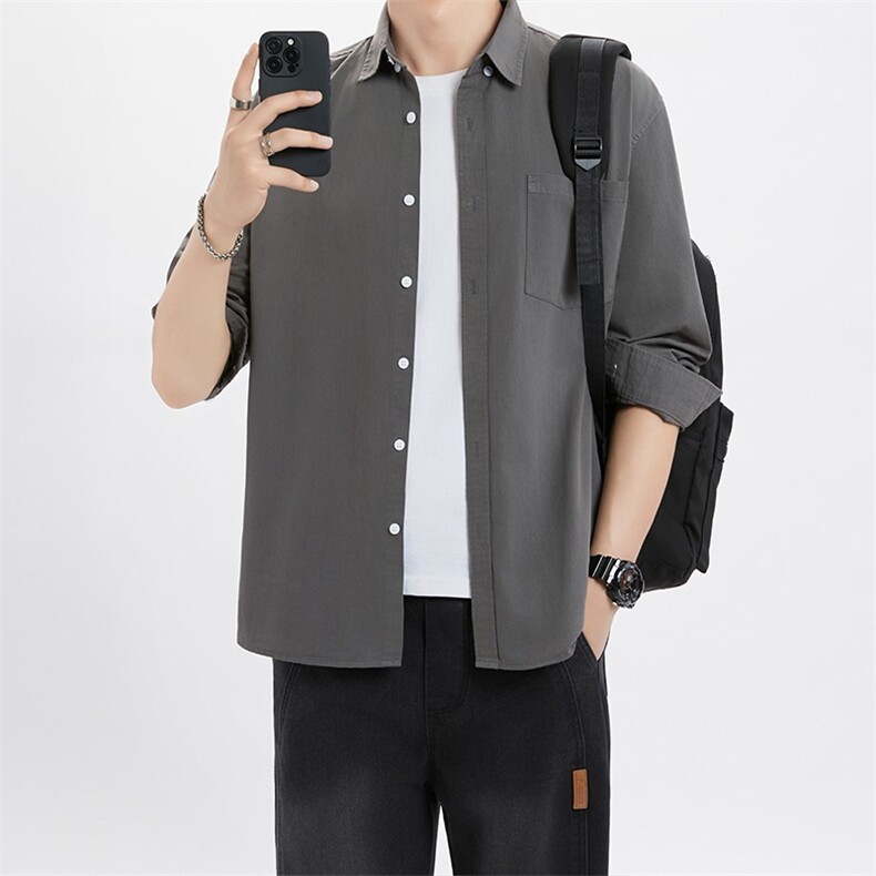 衬衫男春秋新款美式重磅长袖休闲衬衣男士高级感翻领上衣，男装衬衫，星座506A