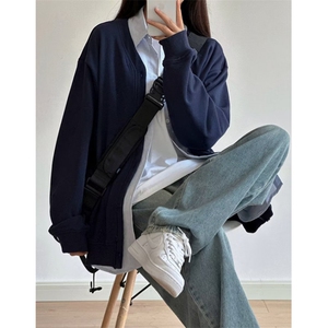 日系复古条纹衬衫拼接假两件卫衣开衫女春秋针织长袖外套 CW53图片