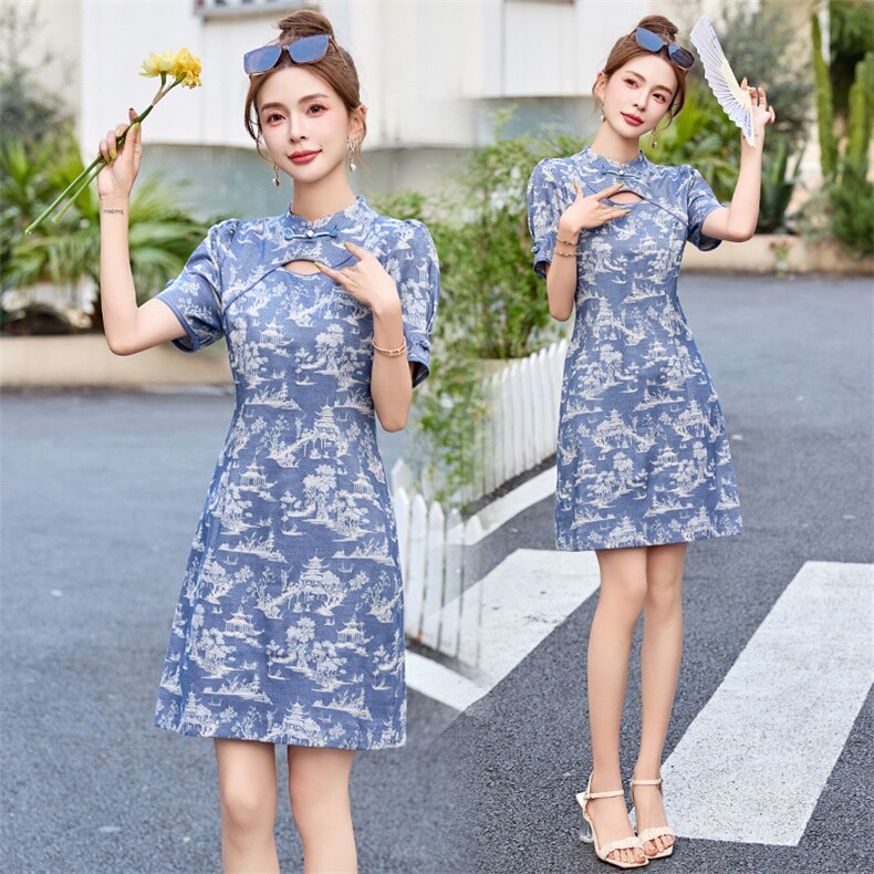 新中式风连衣裙女夏改良旗袍2025年新款高端小个子修身短款裙子,女装连衣裙,依多米
