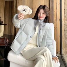 超好看蓝色针织拼接立领短款羽绒服女2025冬韩系甜美90白鸭绒外套，女装羽绒服，慧尚依恋