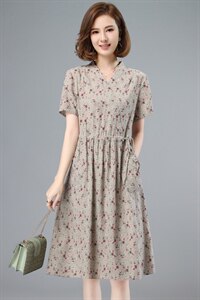 2021夏季新款简约时尚气质减龄小V领抽绳系带收腰碎花连衣裙图片