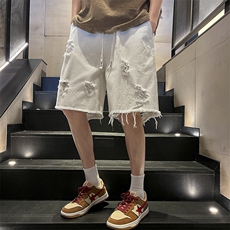 春夏新款i美式宽松破洞牛仔短裤N354p45，男装牛仔裤，星座712