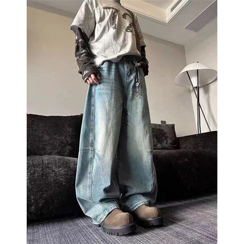 微喇水洗做旧解析弯刀牛仔裤男女宽松百搭垂感直筒阔腿长裤子潮流,男装牛仔裤,星座1210-1