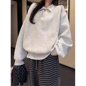 灰色polo领长袖针织衫毛衣女秋冬季宽松内搭打底衫上衣MG15,玉石毛衣吊坠最新款搭配图片