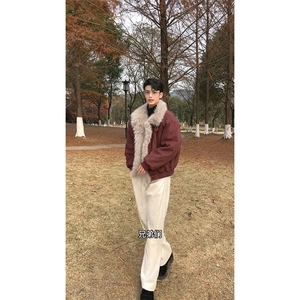 现货重磅硬挺boxy羽绒棉衣座山雕大毛毛领洗水麂皮棉服冬外套图片