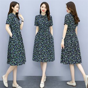 纯棉连衣裙女2023夏季时尚中长款碎花裙气质翻领收腰显瘦棉布裙子图片
