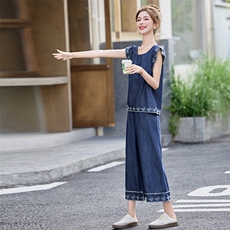 现货！夏季新款套装女2025时尚气质优雅减龄牛仔刺绣两件套装，女装套装/套裙，涵墨