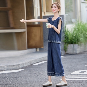 现货！夏季新款套装女2025时尚气质优雅减龄牛仔刺绣两件套装图片
