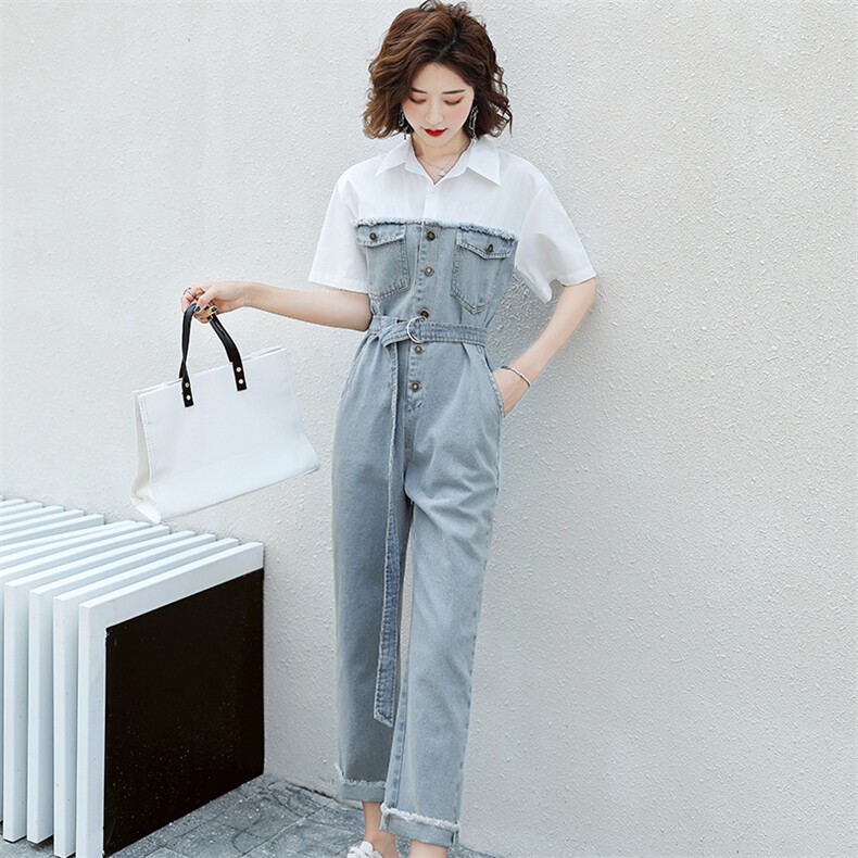 牛仔连体裤女高级感2026夏季新款韩版时尚洋气减龄工装拼色连衣裤,女装休闲裤,印象茜