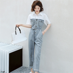 牛仔连体裤女高级感2026夏季新款韩版时尚洋气减龄工装拼色连衣裤图片