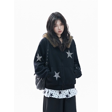 美式复古毛领连帽开衫卫衣女设计感烫钻星星宽松外套，女装短外套，星座1210-1