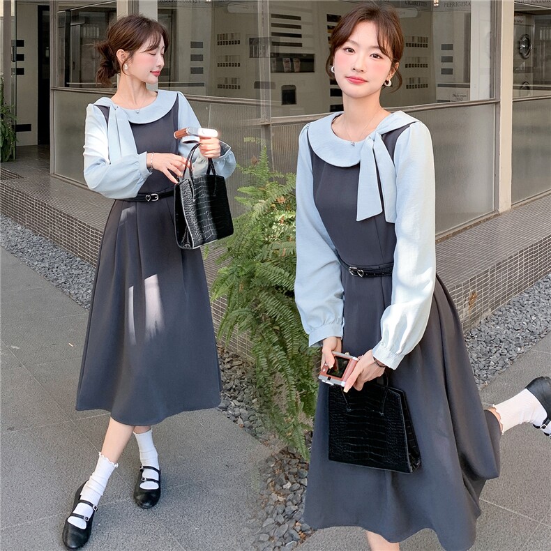 2026春装新款气质假两件收腰显瘦学院风连衣裙女送皮带,女装连衣裙,时尚风爆